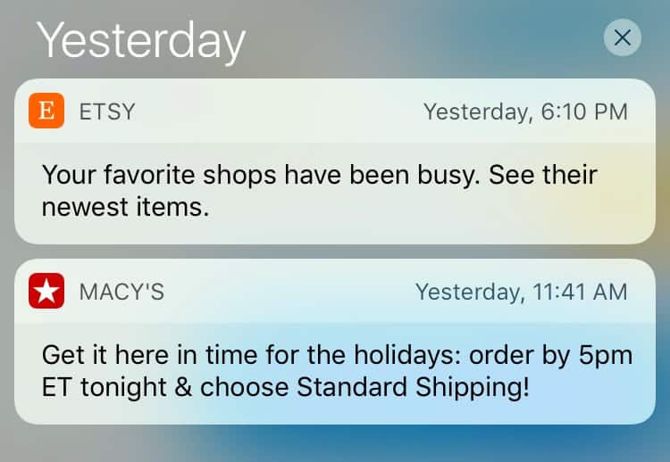A screenshot of notifications from retailers on an iPhone.
