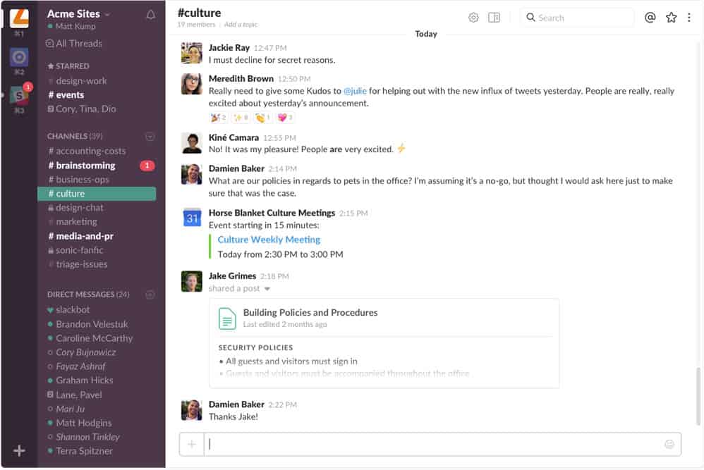 A screenshot of a company’s Slack page, showing multiple channels.