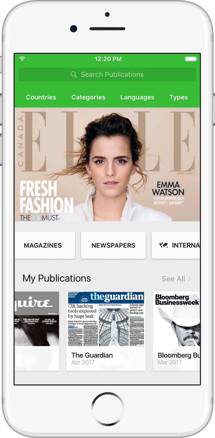 An image of the PressReader app displayed on an iPhone showing the cover of Elle magazine, featuring Emma Watson.