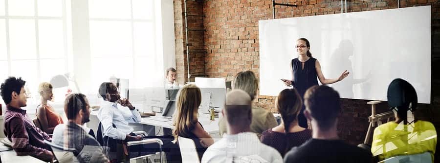 A photo of an entrepreneur giving a presentation to a group of potential investors.