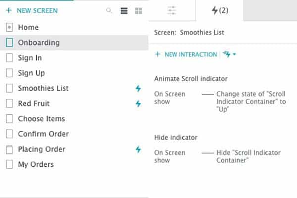 Screenshots of the screens window and interactions panel side by side.