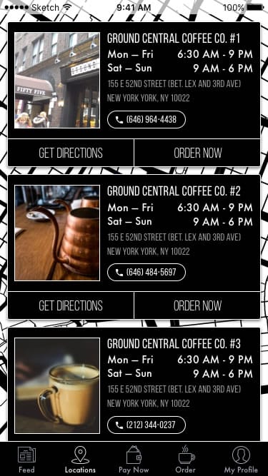 An image of the prototype Messapps made for Ground Central, showing their cafe locations.