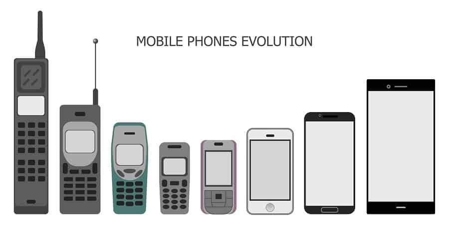 An image demonstrating the evolution of mobile phones, from the first release to the most recent Android device.