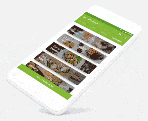 An image of the Green food interface app concept, top mobile interaction design of November 2017