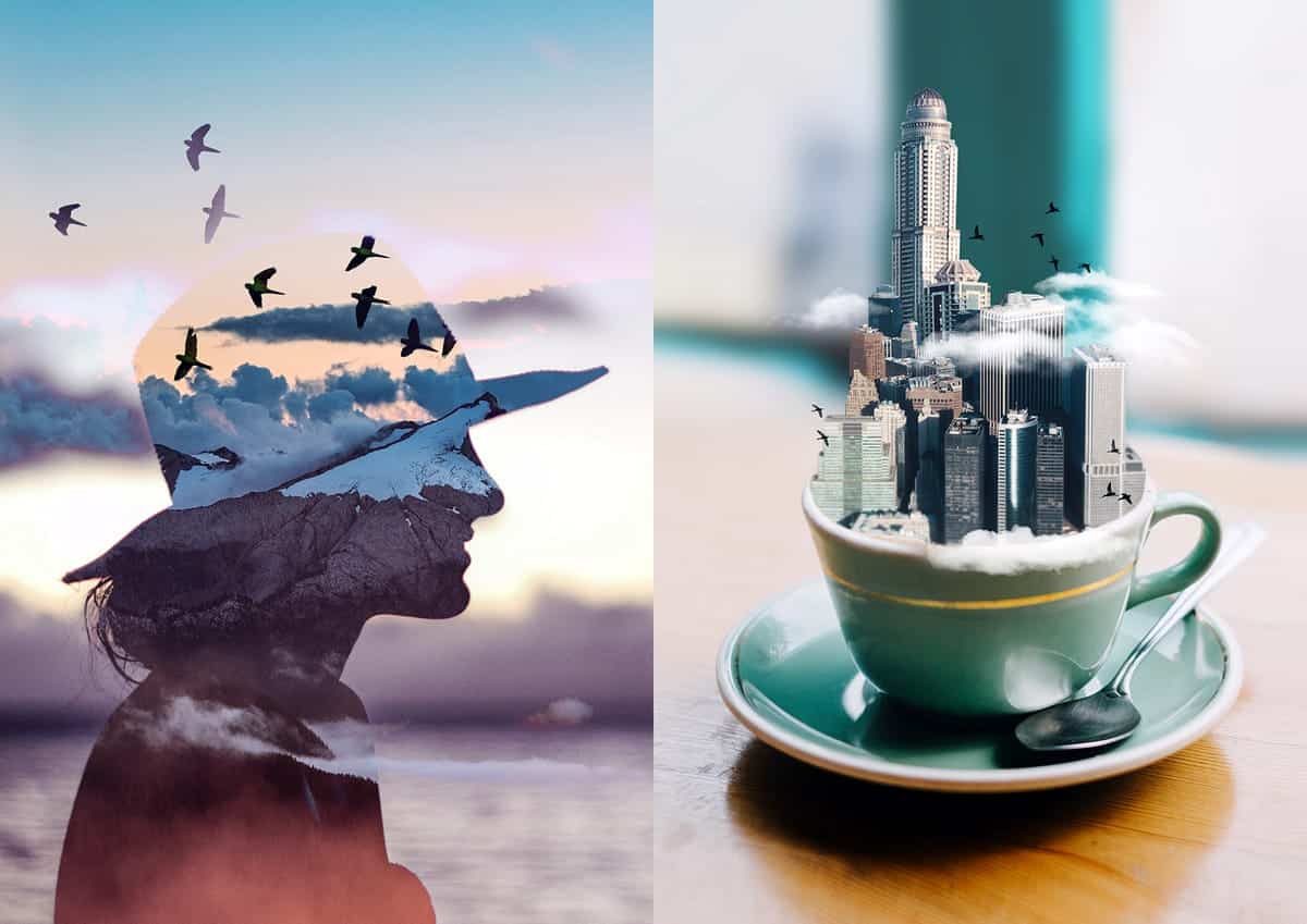 Side-by-side images of two examples of images edited in Photofox, one with a sun setting over water blended into a person wearing a cowboy hat and the other featuring a city skyline coming out of a teacup.