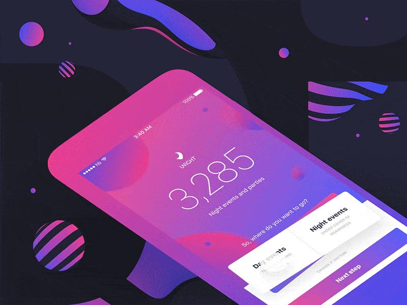 An image of the Unight — discover the night app concept, best mobile interaction design of 2017