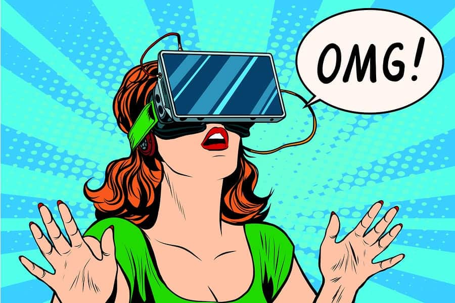 A pop art style photo of a woman trying on a virtual reality headset for the first time.