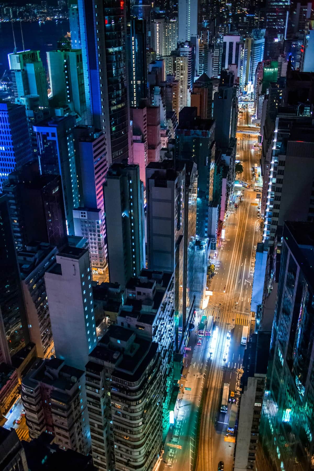 A photo showing a top-down view of a Hong Kong street at night.