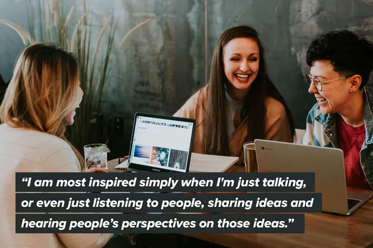 A quote about designers finding inspiration by talking out ideas.