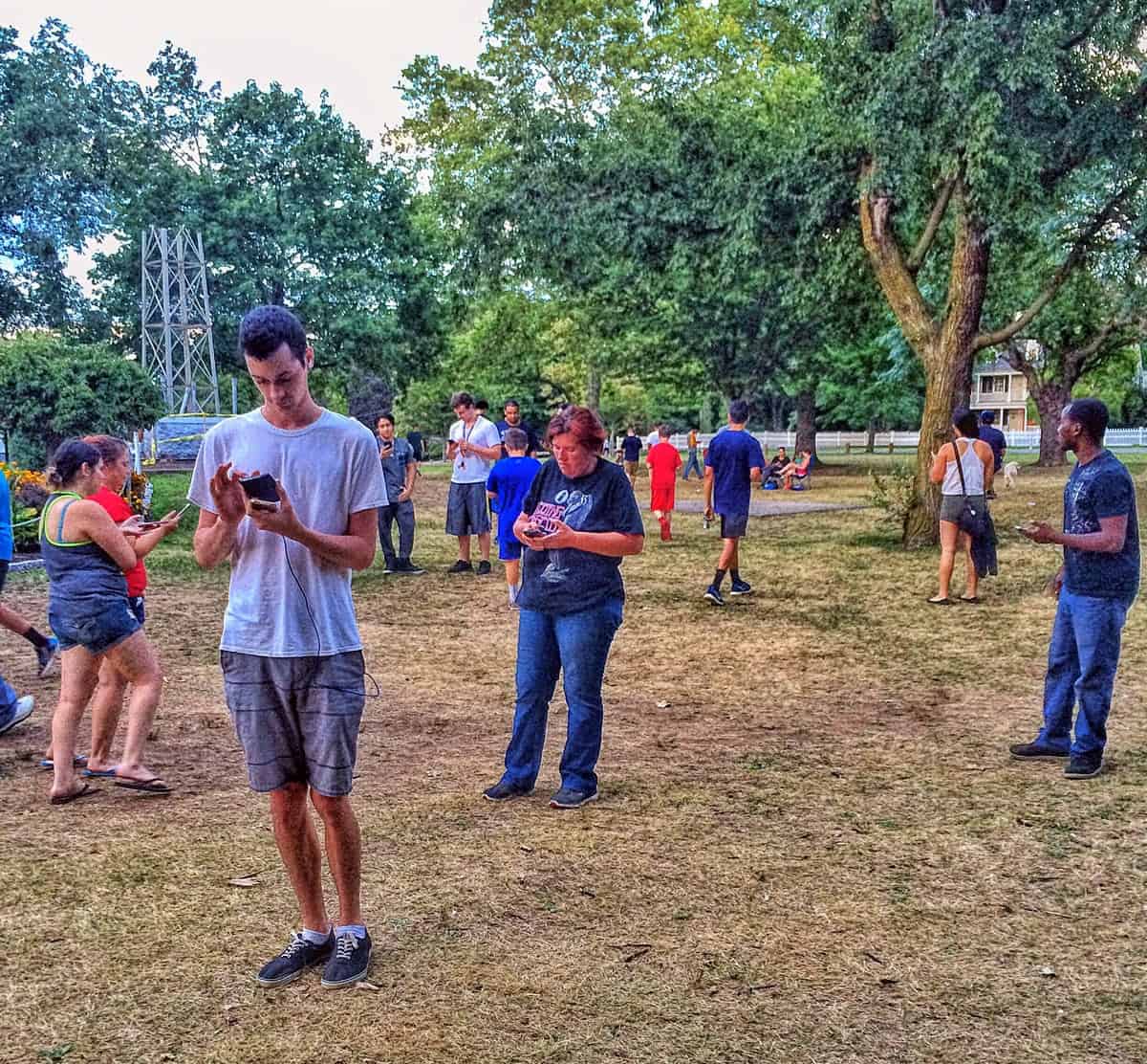 A photo of a people staring at their phones in a park.