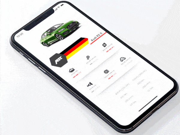 An image of the Car Modification app concept, top mobile interaction design of April 2018