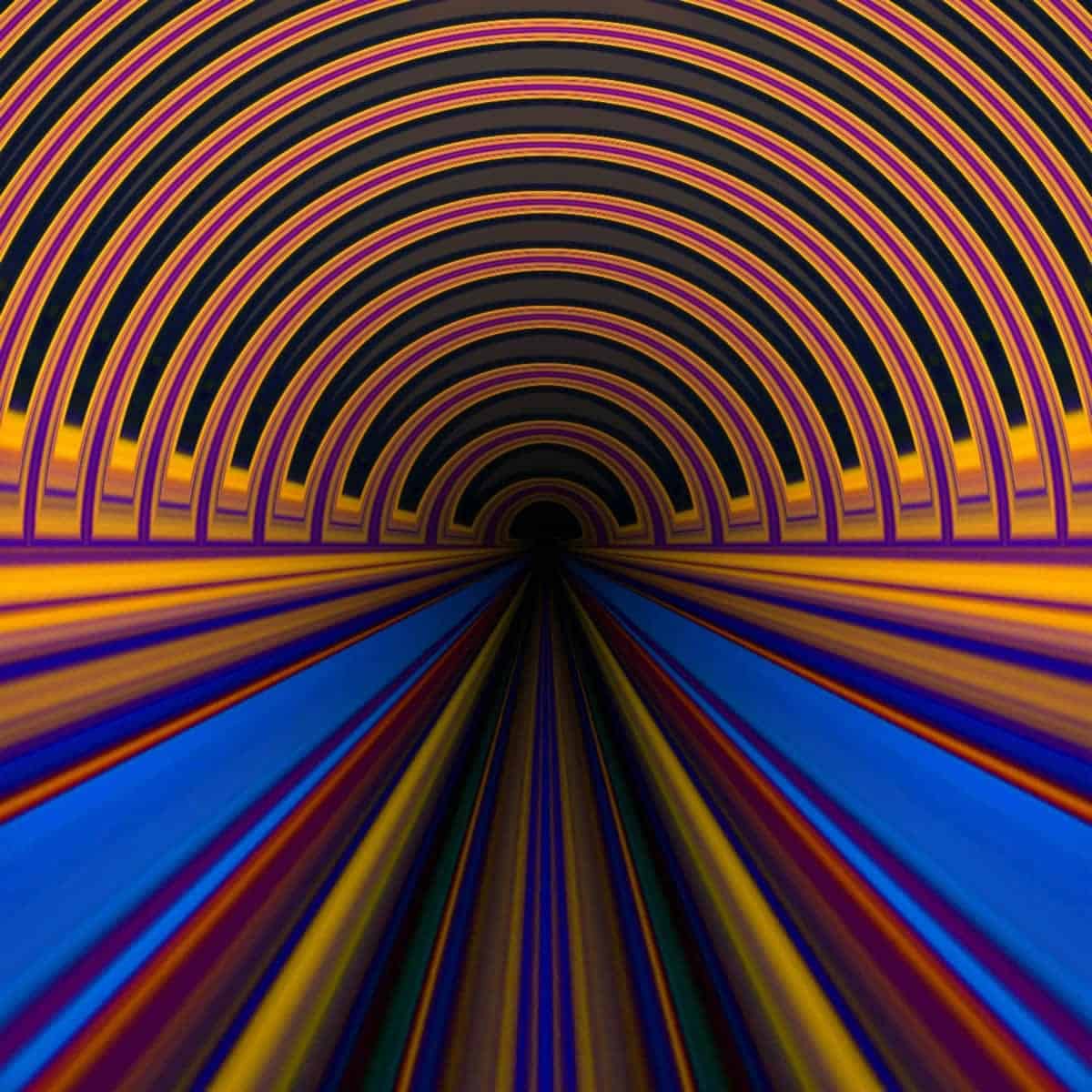 An image of a piece of art in which bright colors depict the shape of a tunnel.