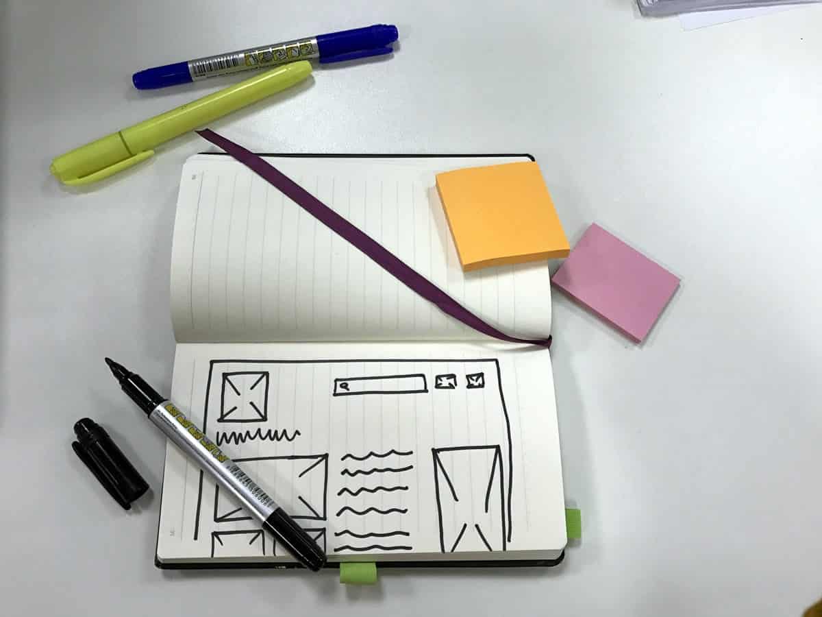 A photo of a notebook open to a drawing of a wireframe, surrounded by markers and sticky notes.