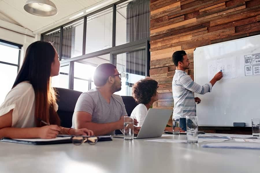 A photo of a man leading a meeting, referencing a sheet of paper on a whiteboard.