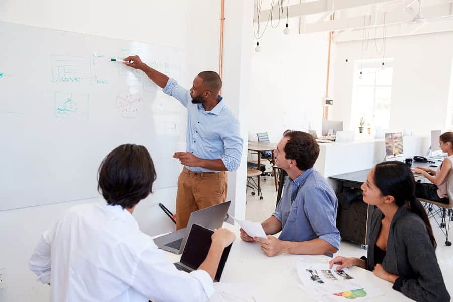 A photo of a man explaining a diagram he’s drawn on a whiteboard to his coworkers.