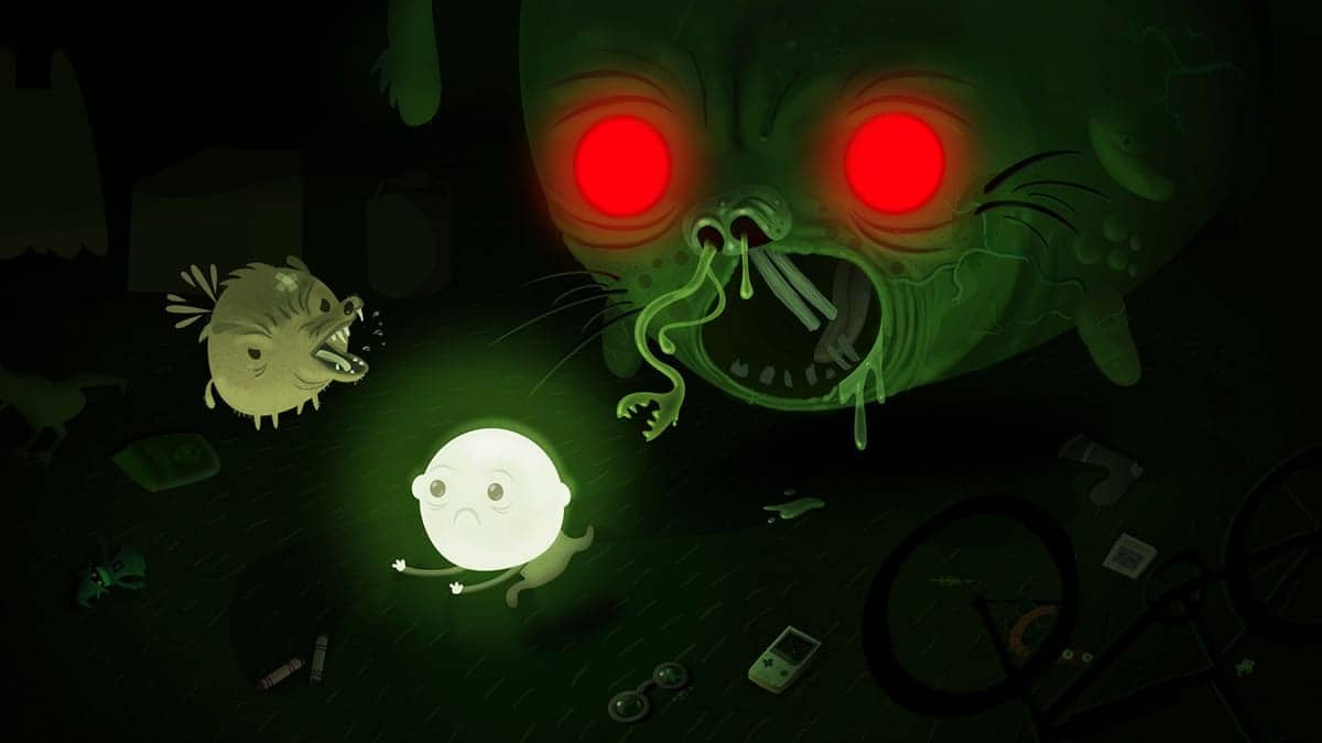 An image capture of a mobile game created using Spine featuring a scary monster with red eyes.