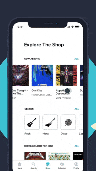 An image of the Vinyl Shop app concept, top mobile interaction design of August 2018