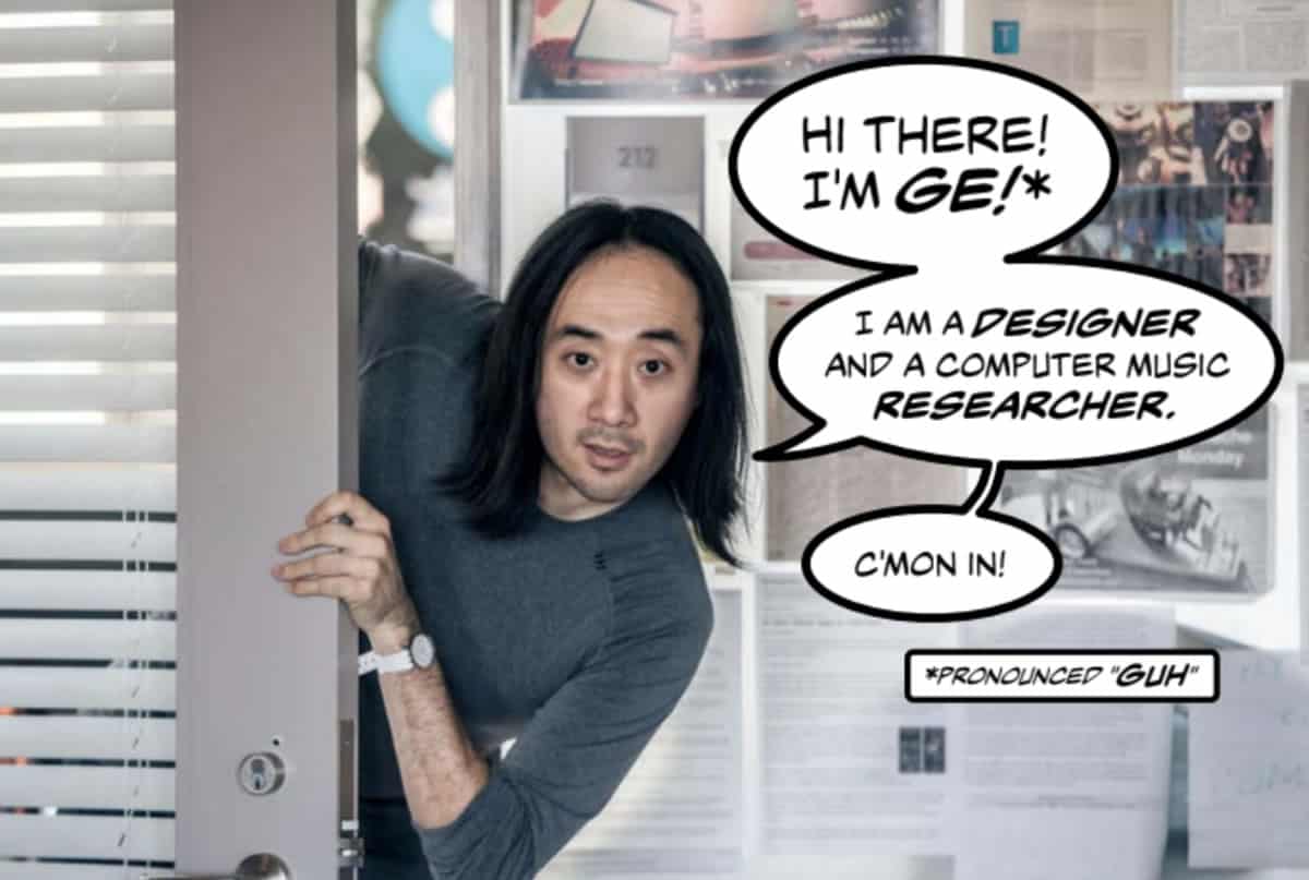 A photo of author and designer Ge Wang peeking out from behind a door with graphic novel-style speech bubbles in which he introduces himself.