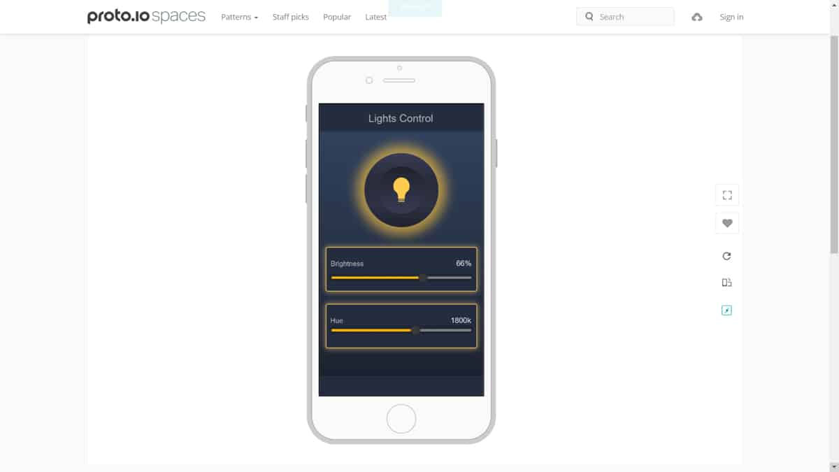 A screenshot of Jason Hamilton’s Proto.io Spaces page, featuring the prototype for his mobile app, Lights Control.