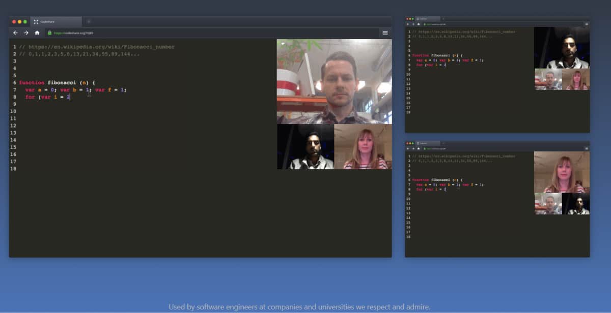 A screenshot of a Codeshare editing window that three different developers are editing simultaneously.