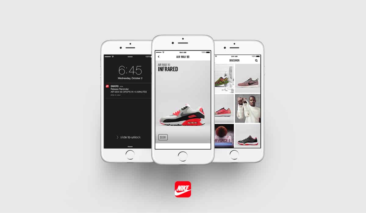 A photo of the Nike SNKRS app on three smartphone screens.