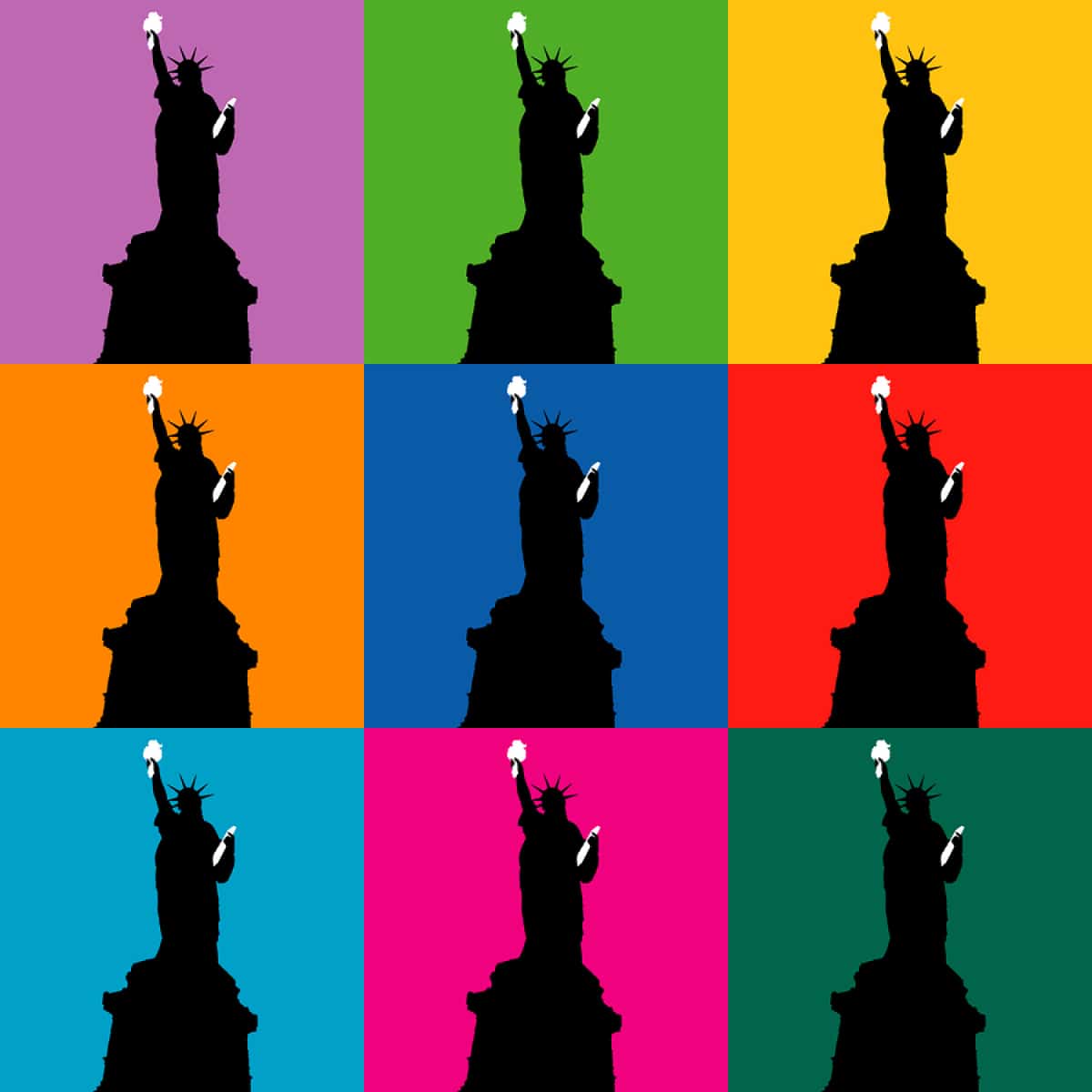 A pop art-style image of the Statue of Liberty with nine different background colors.