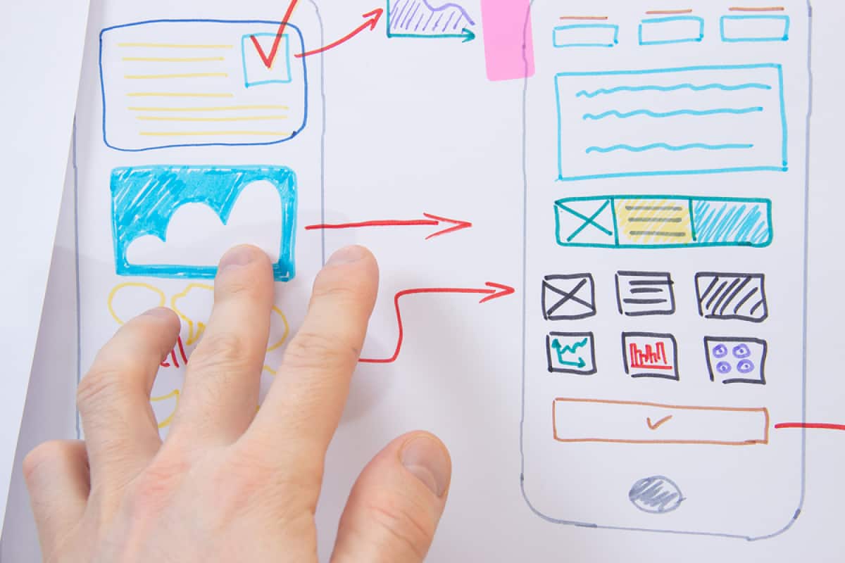 A photo of someone’s hand pointing to a hand-drawn photo of a mobile app design layout.