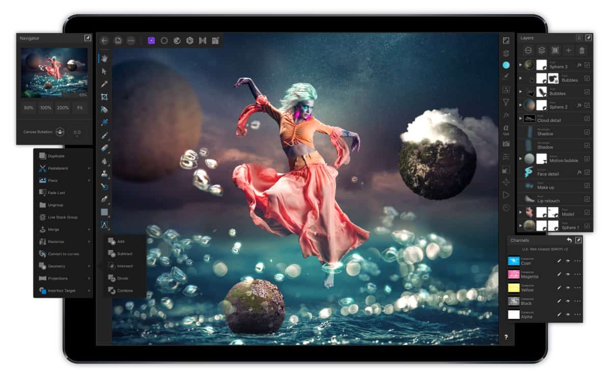 A photo of an image made with Affinity Designer, featuring a woman floating in mid-air in a flowing skirt.