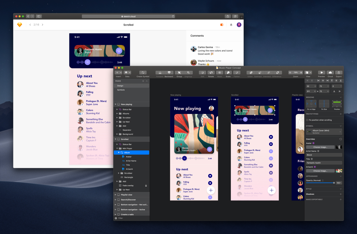 A screenshot from Sketch featuring a mobile app design mockup for a music app.