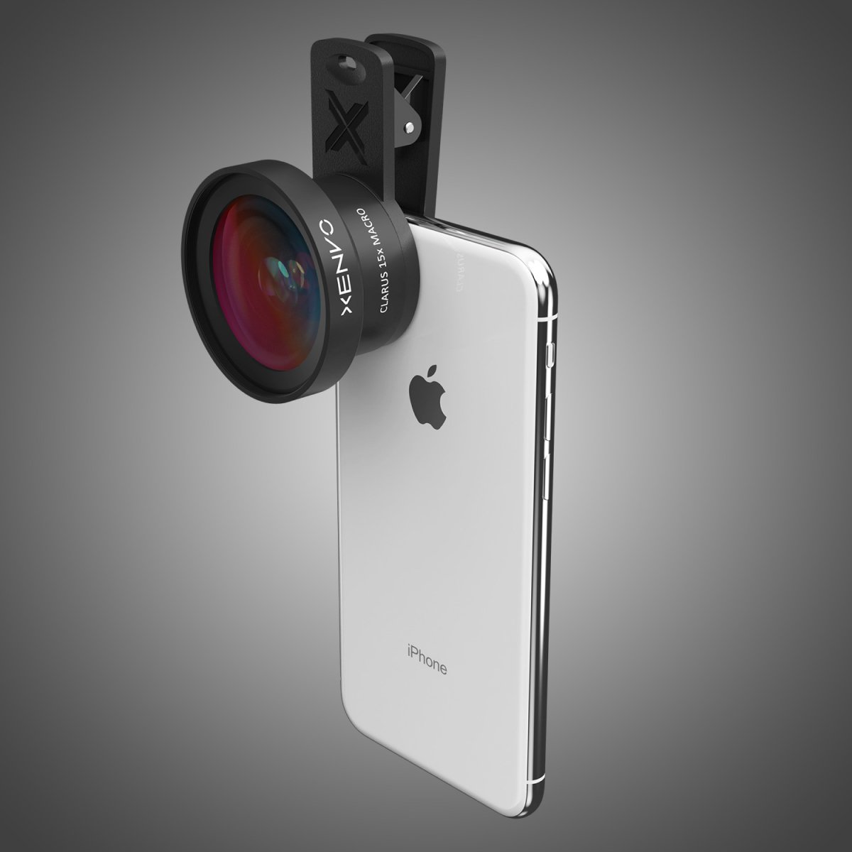 A photo of the Xenvo Pro Lens Kit attached to an iPhone.