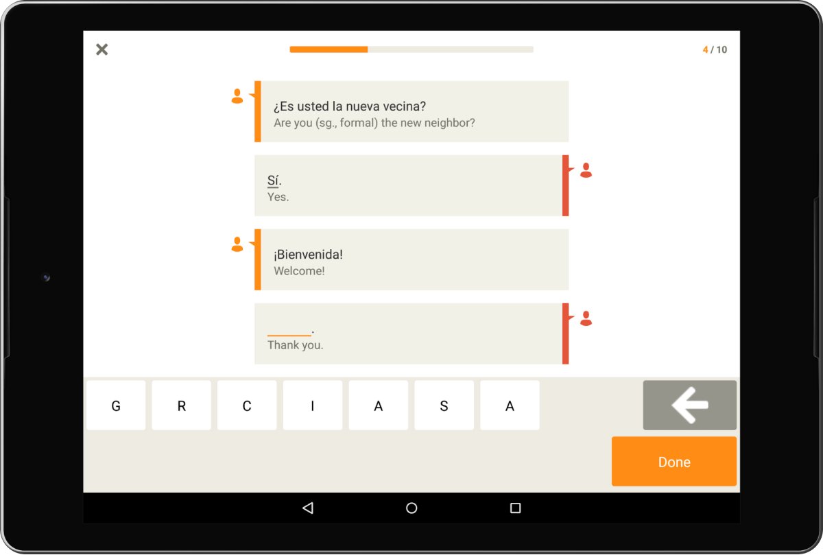 A photo of the Babbel app open on a tablet, leading a user through a Spanish language lesson.