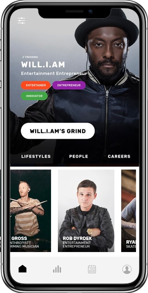 A photo of the Find Your Grind app open on a smartphone, featuring artist will.i.am.