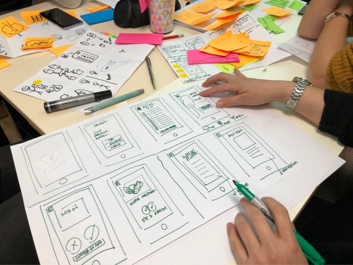 A photo of a woman sketching out the UX design for a mobile app with marker on paper.