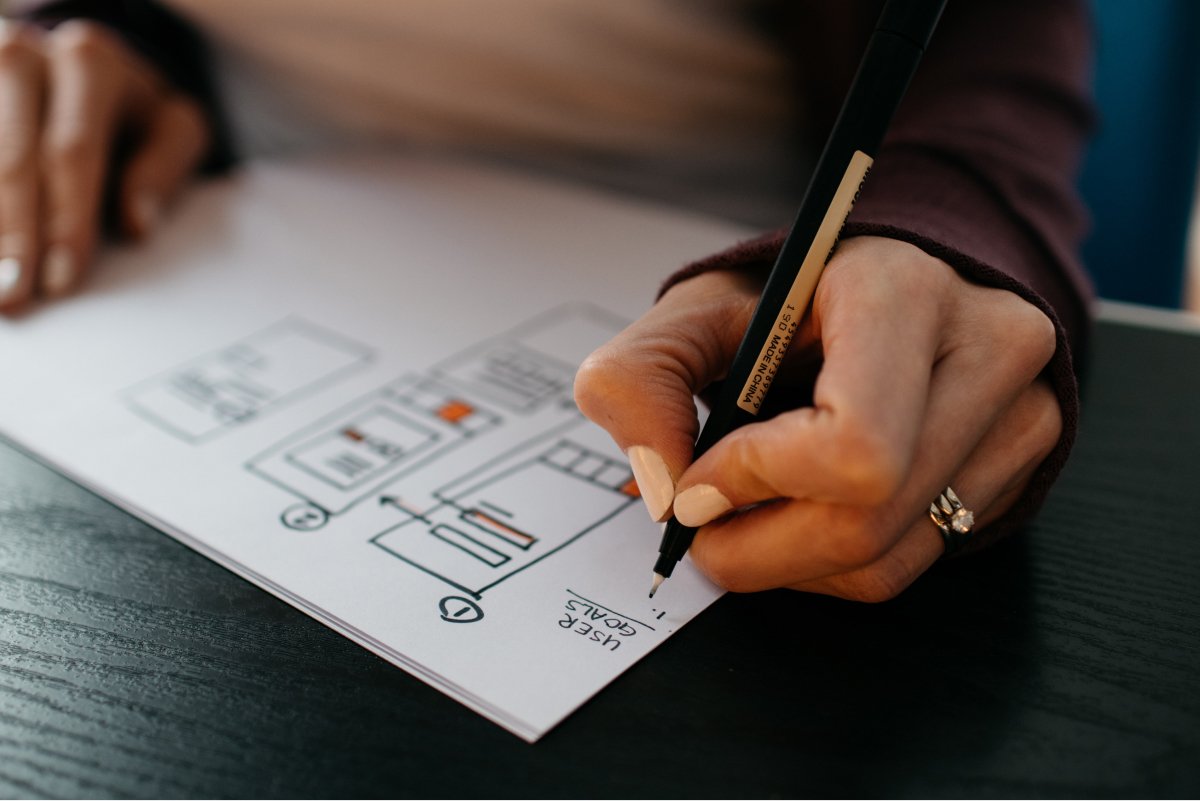 A woman’s hand sketches out an app design on some paper.