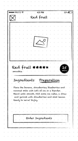 A screen from a low fidelity prototype of Smoothies to Door Proto.io Sample project