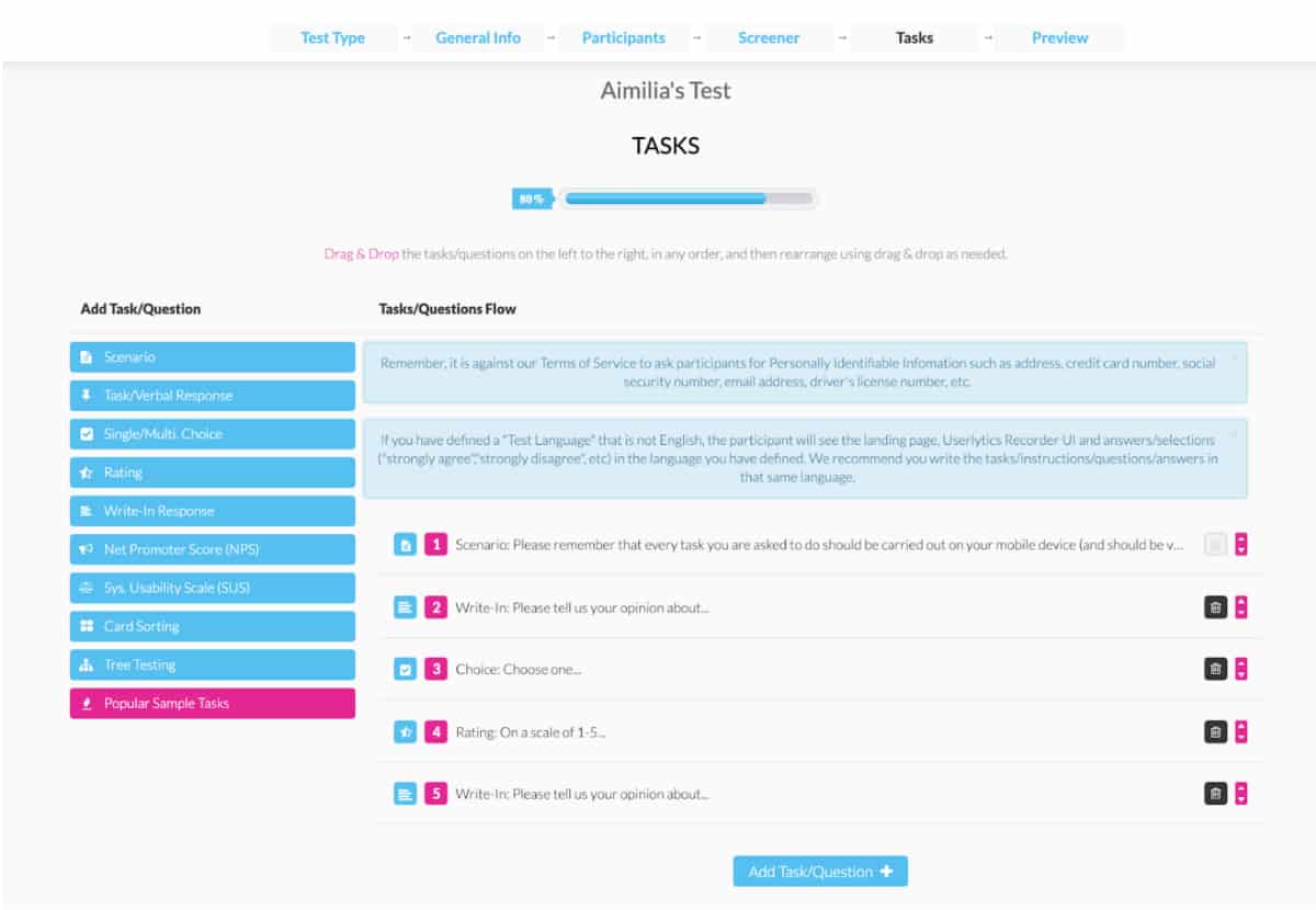 Screenshot of Userlytics's platform page with all users tasks