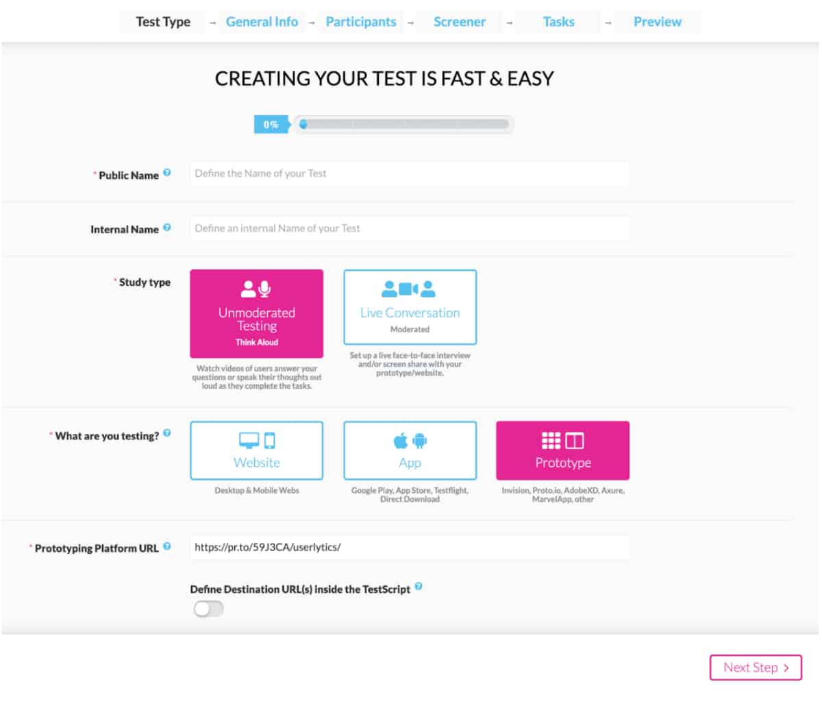 Screenshot of Userlytics's platform page, on which you start a new user experience test